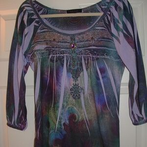 Purple Bejeweled Tattoo Top 3/4 Sleeve Boho Chic